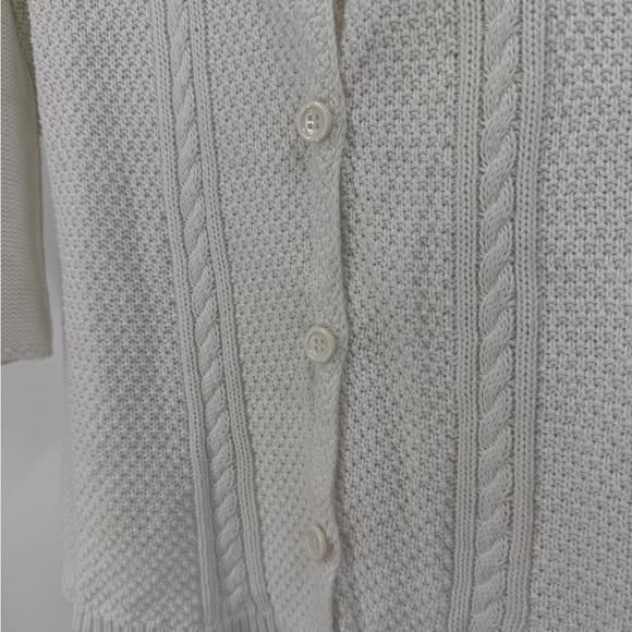 Heather B White Textured Cable Knit Button Front Cardigan 100% Cotton 3/4 Sleeve - Picture 3 of 6